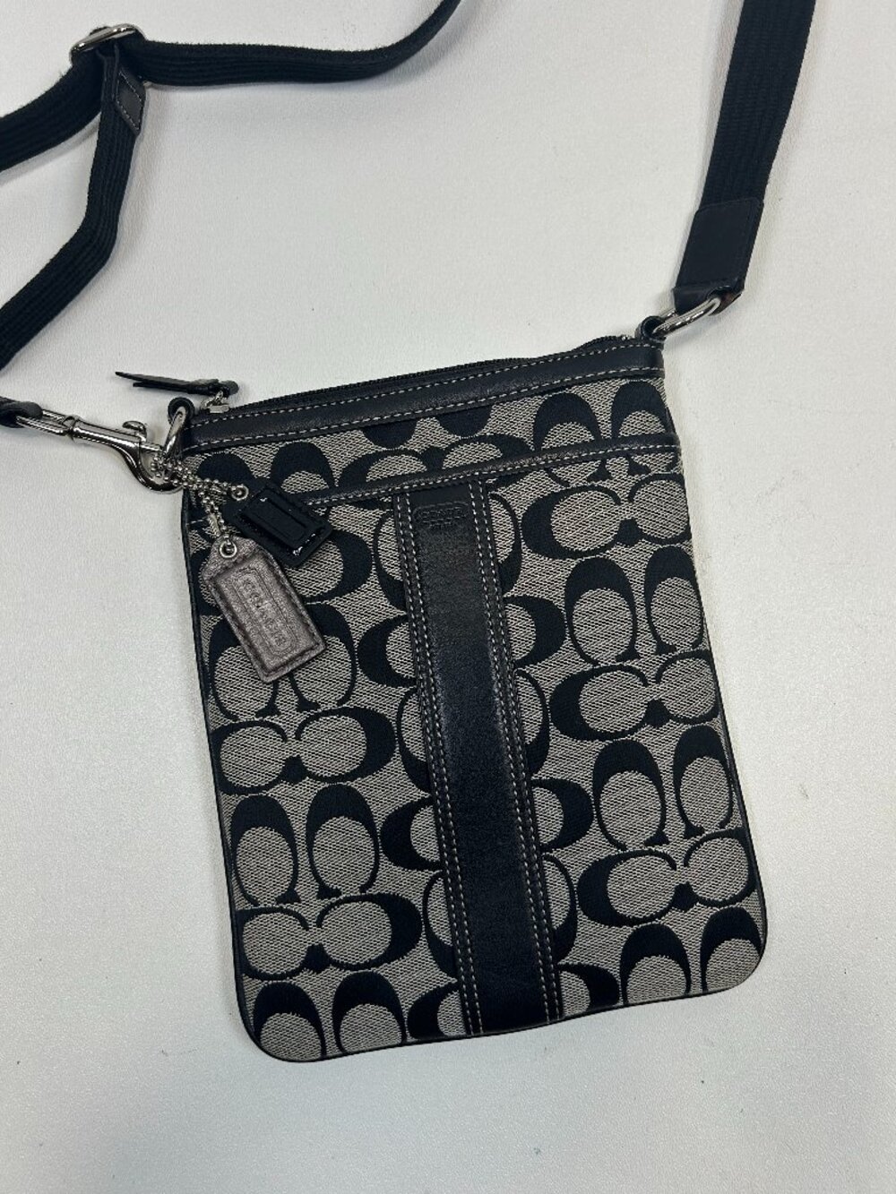 COACH Signature Stripe Swingpack Crossbody Bag Black/Gray Canvas & Leather